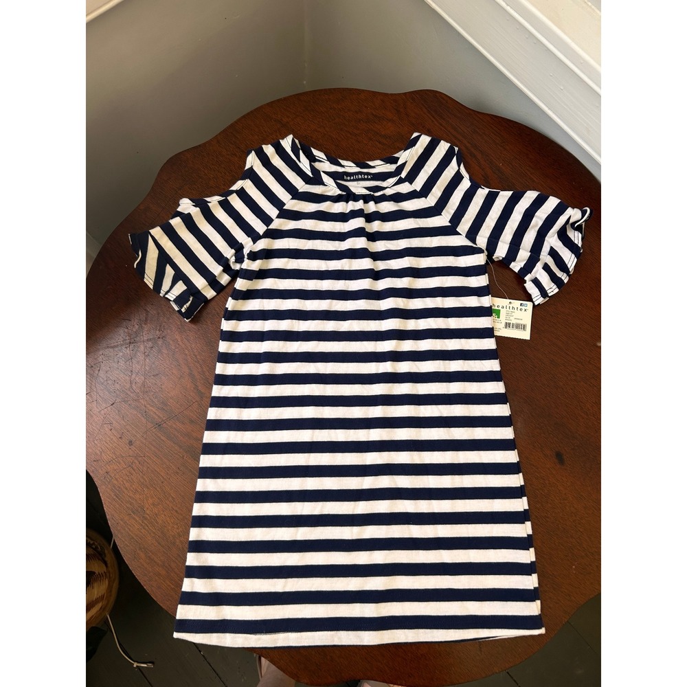 Healthtex Toddler Girls Navy White Stripe Cold Shoulder Ruffle Dress 5T HTG18043